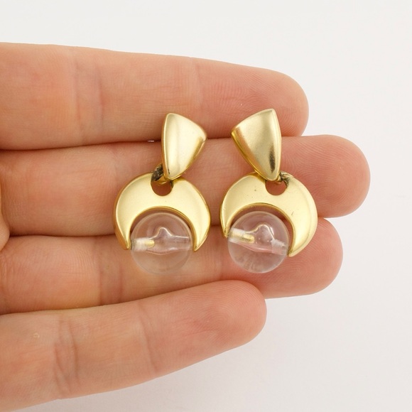 Vintage Gold Tone Clear Lucite Ball Dangle Earrings - Picture 2 of 5